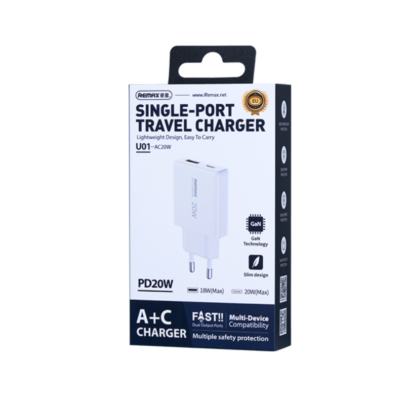 Chargeur Rapide Type-C + USB GaN Ultra-Mince 20W REMAX RP-U01-AC - EU - Blanc — REMAX · Smarty Paris 18e